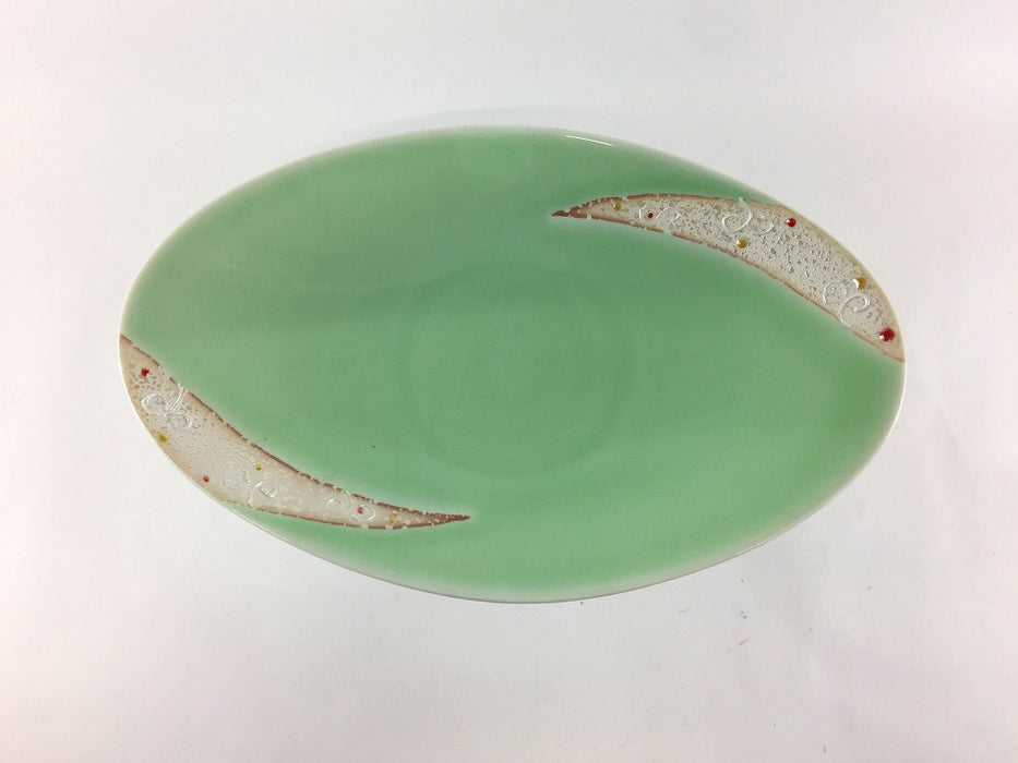 【SALE】一珍唐草ラスターグリーン楕円皿セット　21cm　有田焼【在庫10】
