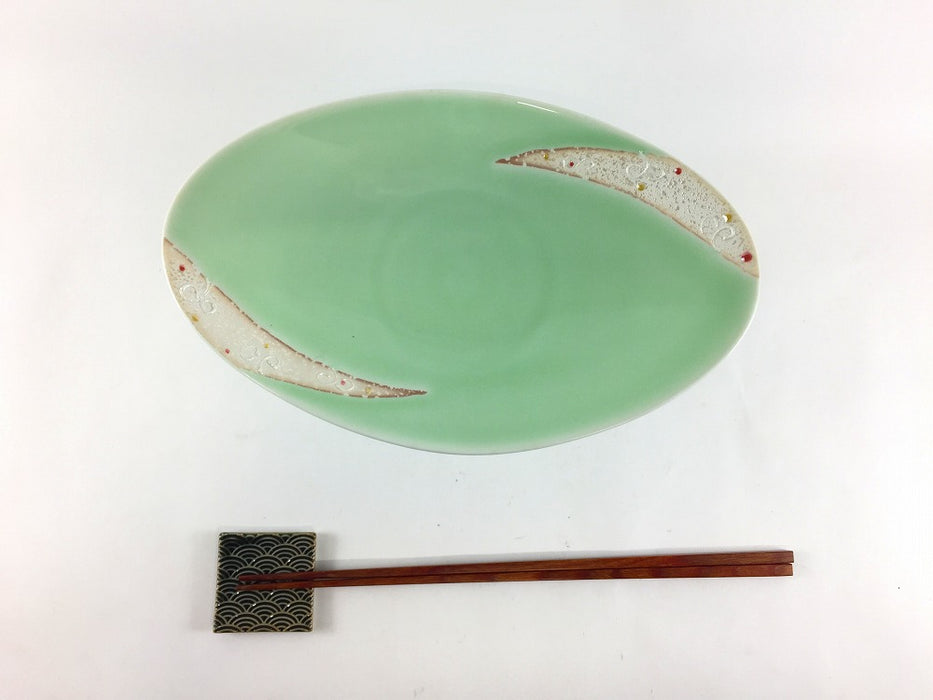 【SALE】一珍唐草ラスターグリーン楕円皿セット　21cm　有田焼【在庫10】
