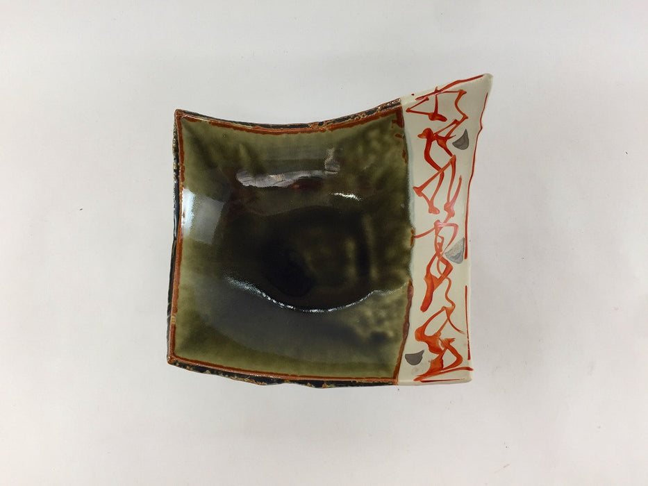 【SALE】織部赤絵ちぎり高台鉢　13cm　有田焼【訳あり】