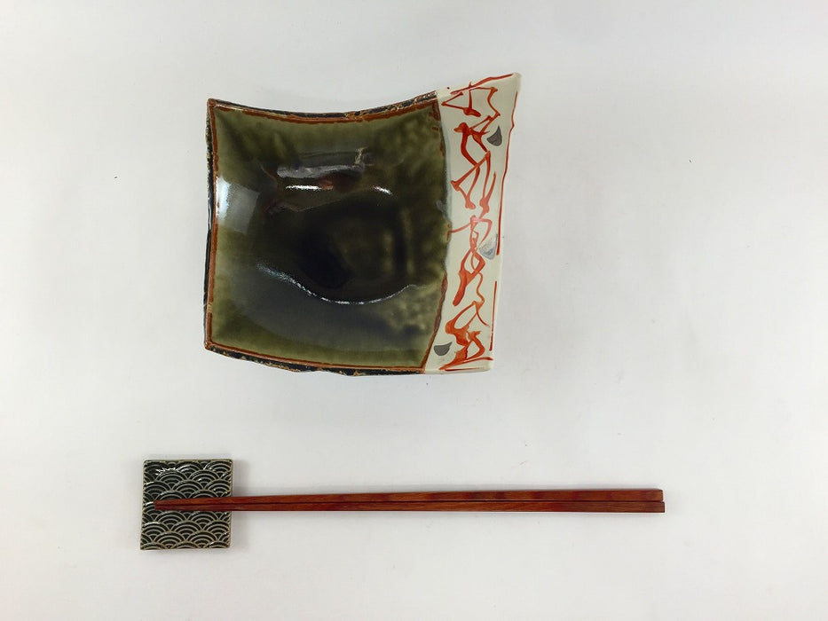 【SALE】織部赤絵ちぎり高台鉢　13cm　有田焼【訳あり】