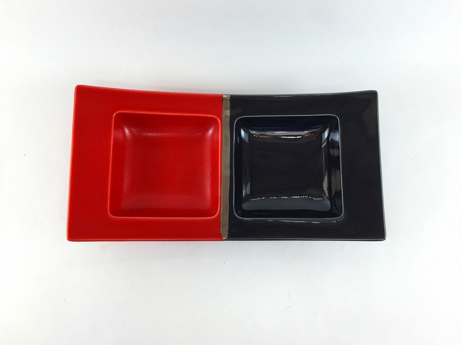 【SALE】朱ツヤ黒瓦型長角二品盛　22cm　有田焼【訳あり】