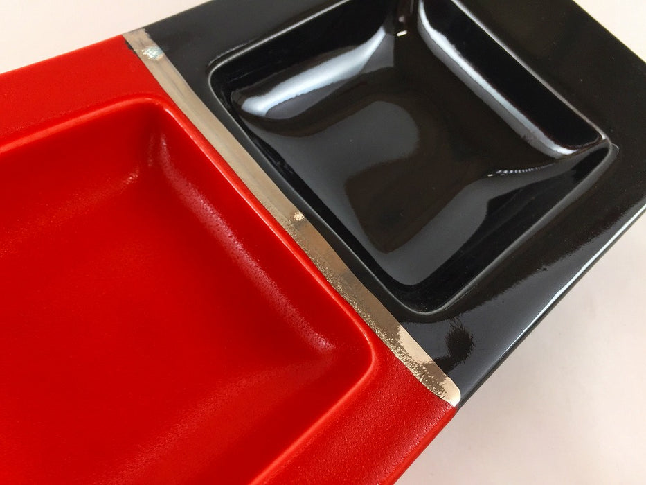 【SALE】朱ツヤ黒瓦型長角二品盛　22cm　有田焼【訳あり】