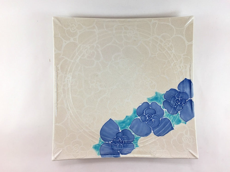 【SALE】ラスター白青ローズ　24角皿　24cm　有田焼【訳あり】