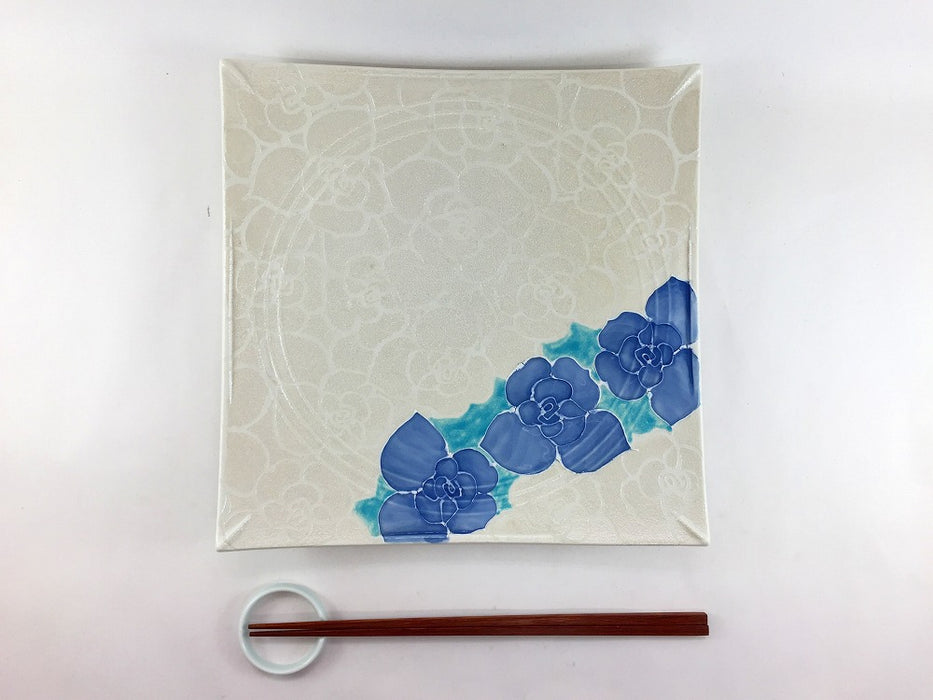 【SALE】ラスター白青ローズ　24角皿　24cm　有田焼【訳あり】