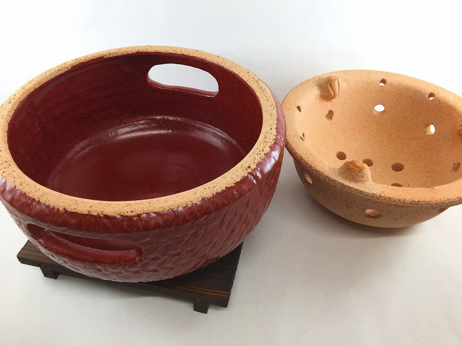 【直火可】27cm胴張水コンロ　赤楽トビ鉋(木台セット)　有田焼(j.R)