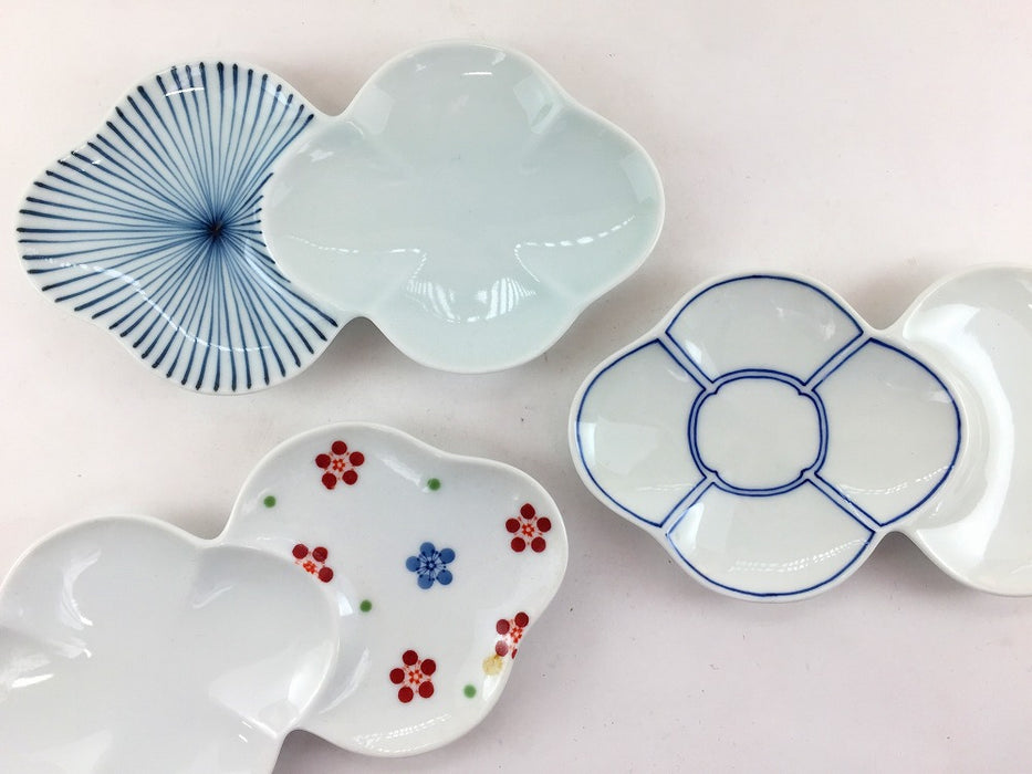 二連花小皿　(千筋/染線/梅小紋)　波佐見焼重山陶器(j.R)