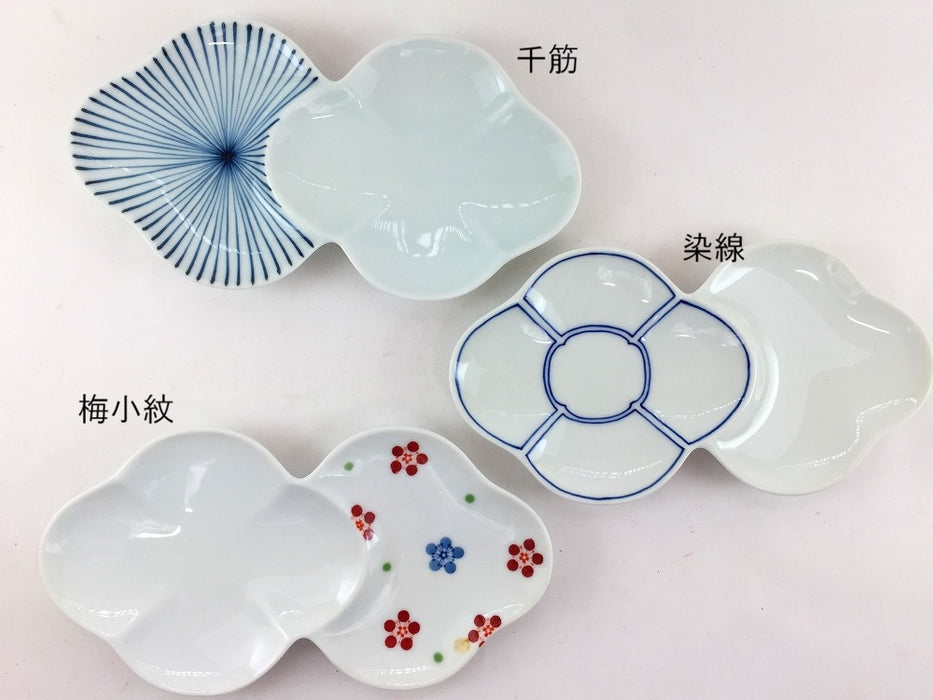 二連花小皿　(千筋/染線/梅小紋)　波佐見焼重山陶器(j.R)