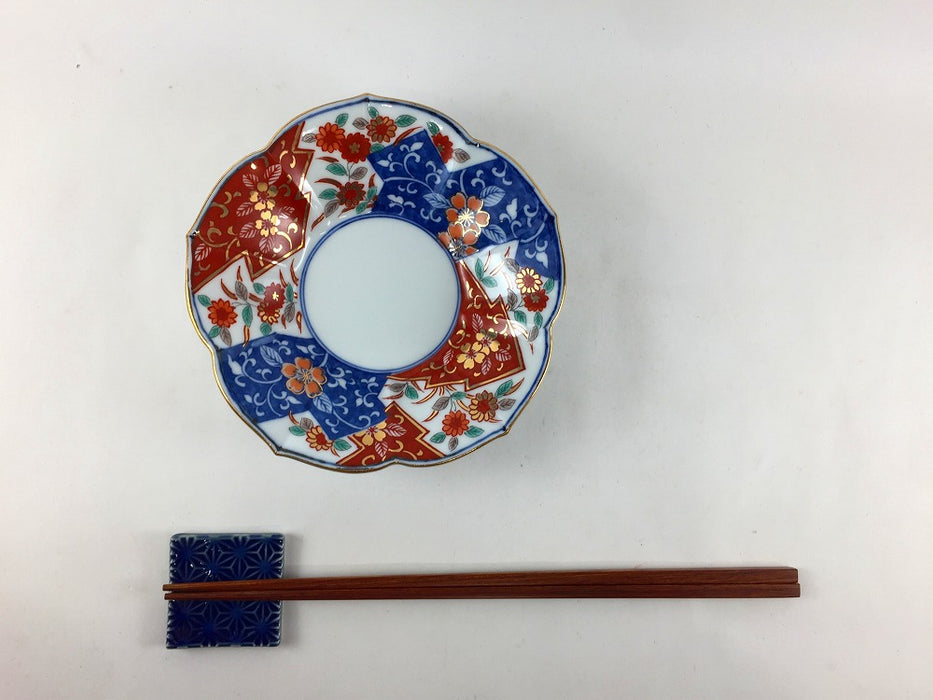 桔梗型銘々皿　染錦(草花石畳文/雲錦手)　13cm　吉田焼(肥前有田焼)　(j.R)