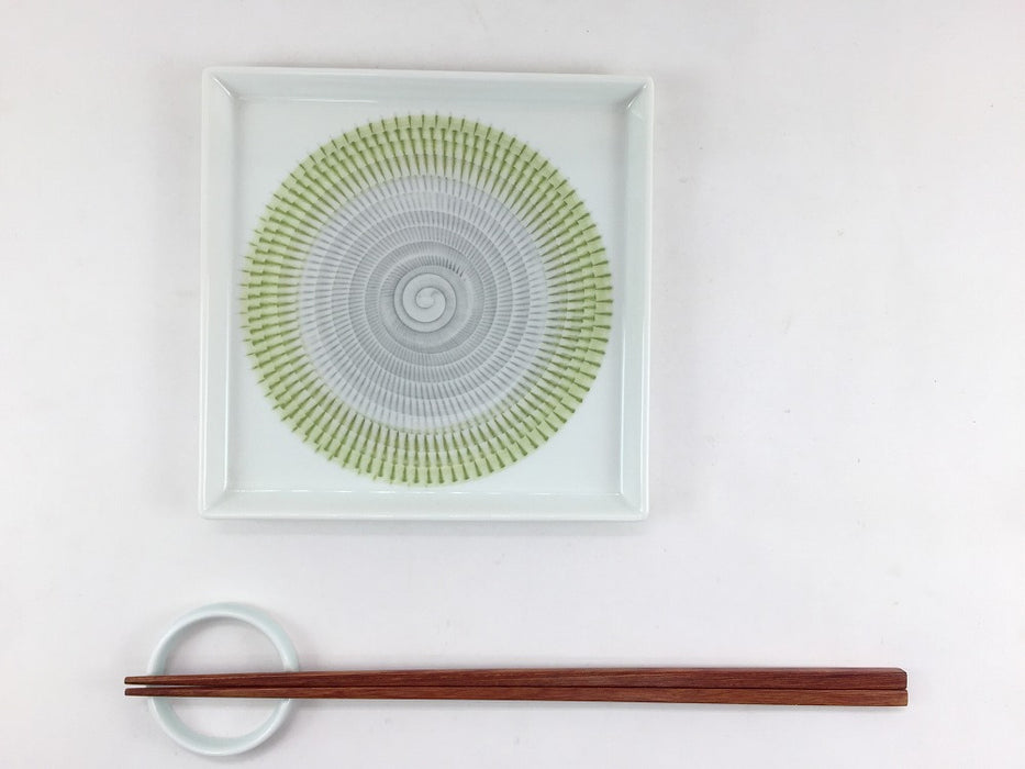 【SALE】色染飛びカンナスクエア皿(中)　グリーン　13cm　　波佐見焼【訳あり】