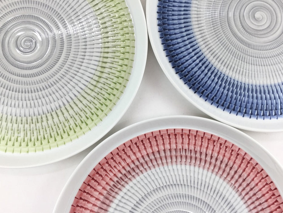 【SALE】色染流し21cm丸プレート　(グリーン/レッド/ブルー) 　波佐見焼【訳あり】