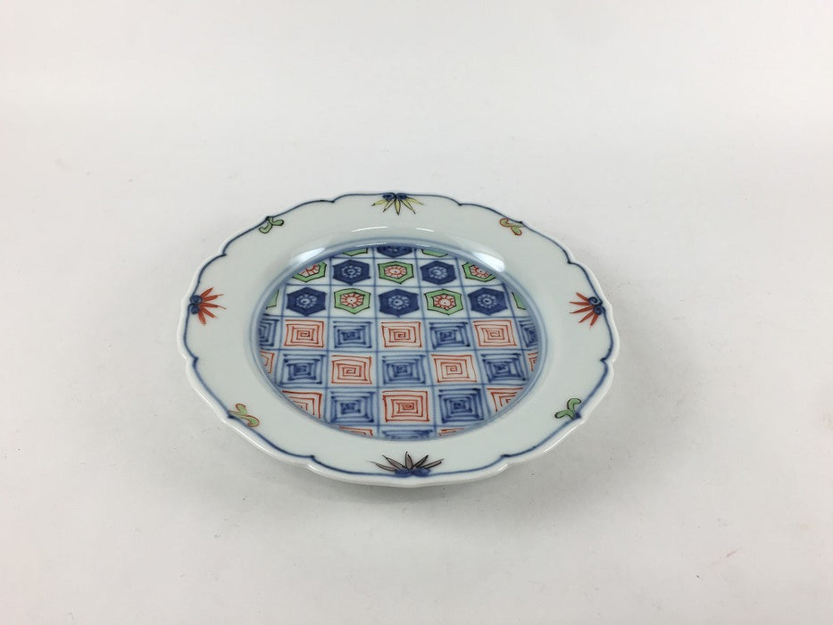 13cm輪花小皿　染錦更紗紋　7cm　有田焼　(j.R)