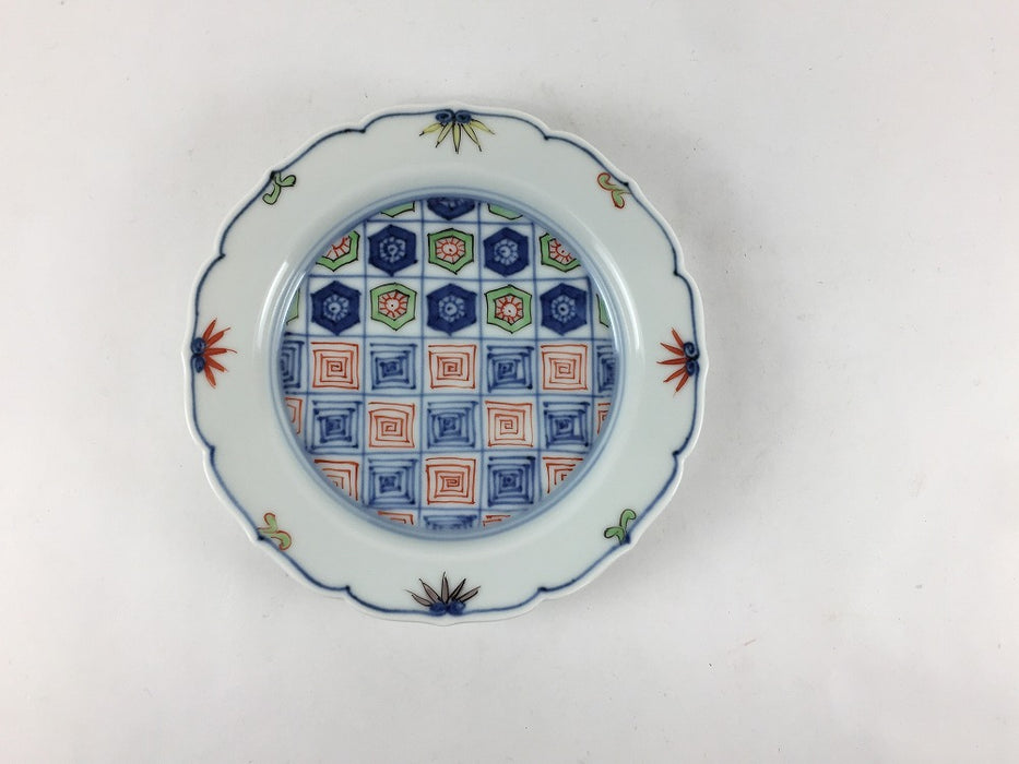 13cm輪花小皿　染錦更紗紋　7cm　有田焼　(j.R)