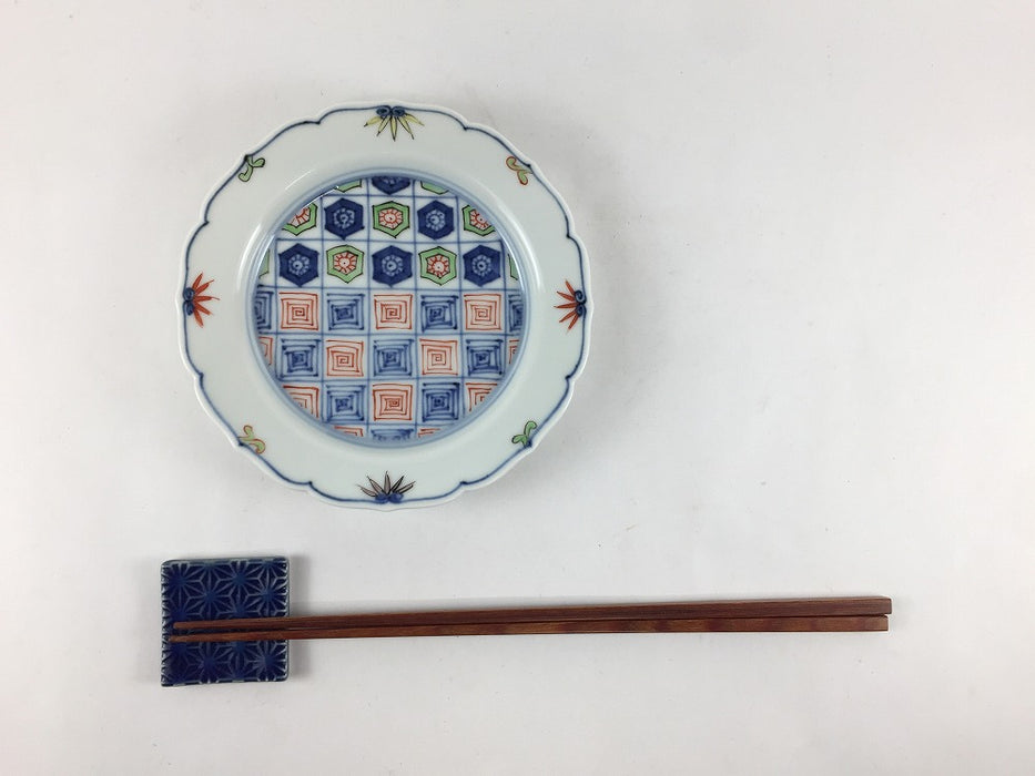 13cm輪花小皿　染錦更紗紋　7cm　有田焼　(j.R)