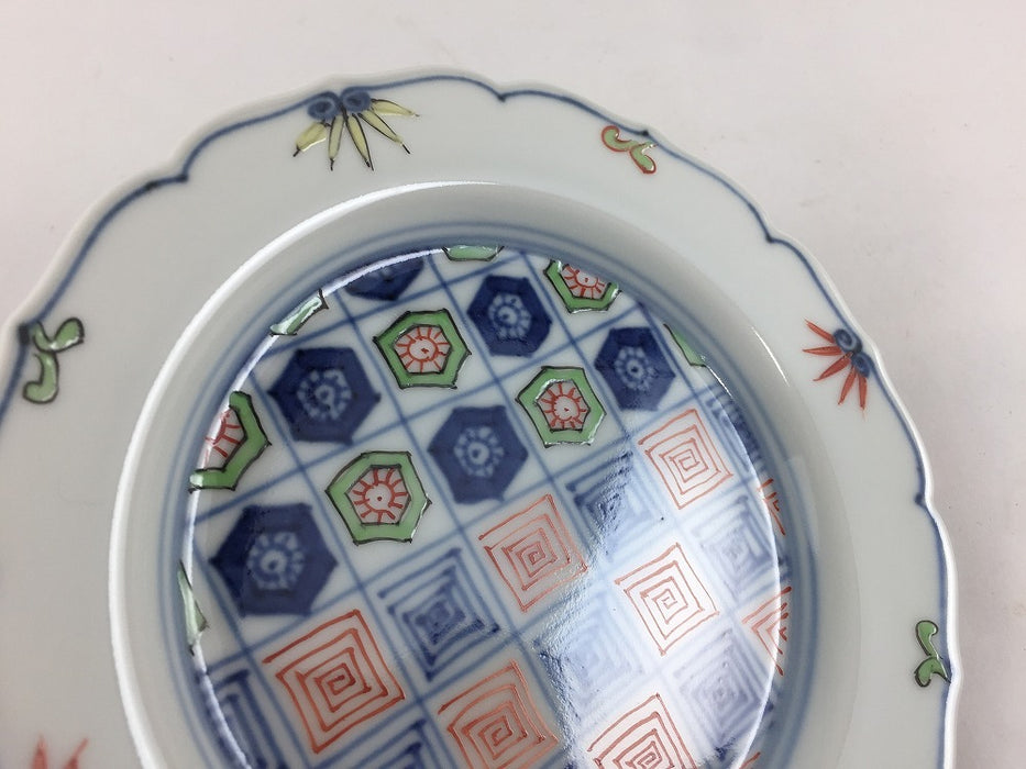 13cm輪花小皿　染錦更紗紋　7cm　有田焼　(j.R)