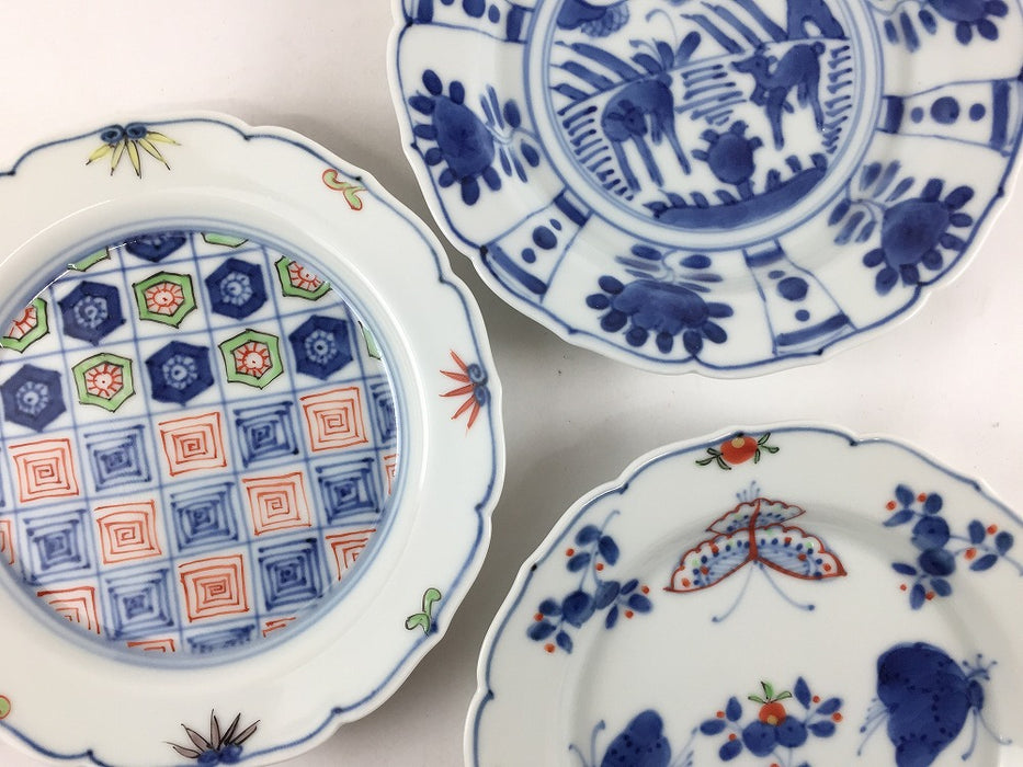 13cm輪花小皿　(染付芙蓉手双鹿図/天啓花蝶)　7cm　有田焼　(j.R)