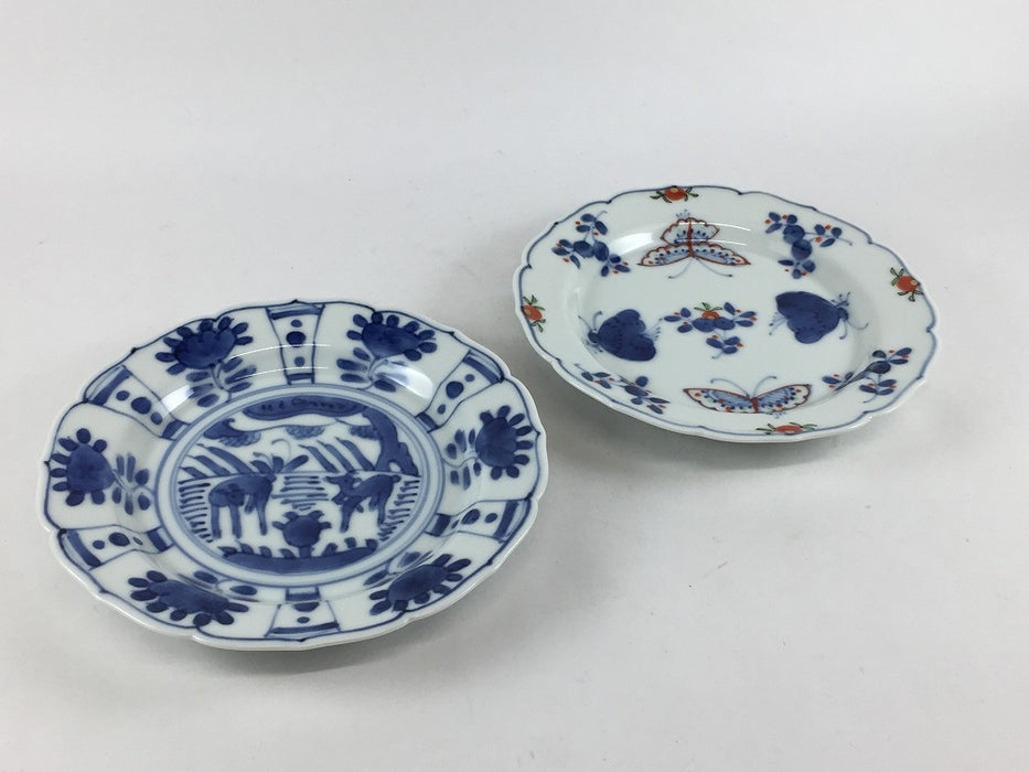 13cm輪花小皿　(染付芙蓉手双鹿図/天啓花蝶)　7cm　有田焼　(j.R)