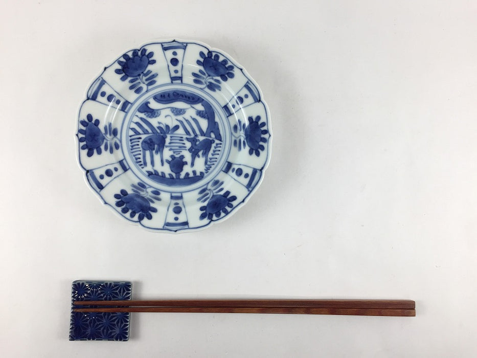 13cm輪花小皿　(染付芙蓉手双鹿図/天啓花蝶)　7cm　有田焼　(j.R)