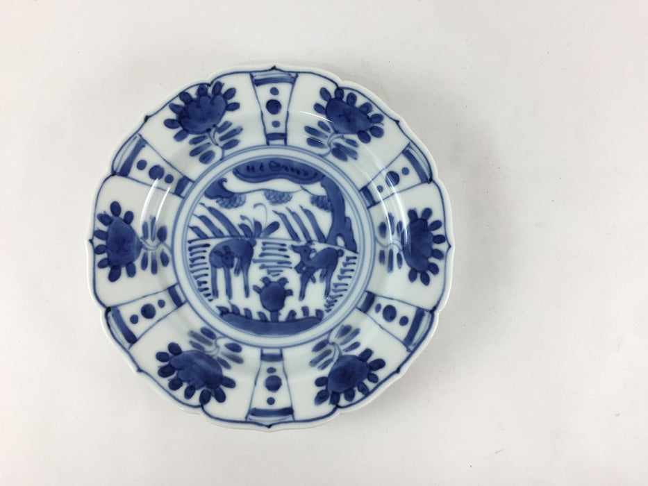 13cm輪花小皿　(染付芙蓉手双鹿図/天啓花蝶)　7cm　有田焼　(j.R)