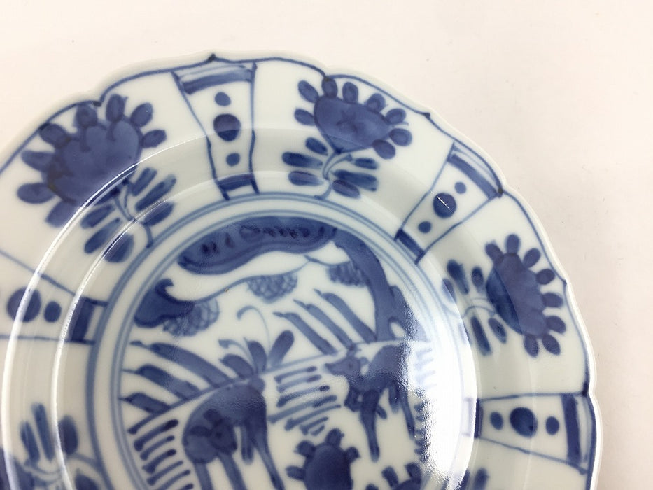 13cm輪花小皿　(染付芙蓉手双鹿図/天啓花蝶)　7cm　有田焼　(j.R)