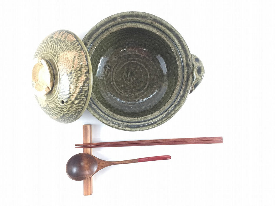 【SALE】19cmリム鉄鉢鍋(650cc)織部流し　伊万里焼(j.R)【訳あり】