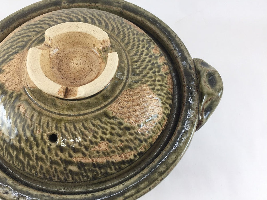 【SALE】19cmリム鉄鉢鍋(650cc)織部流し　伊万里焼(j.R)【訳あり】