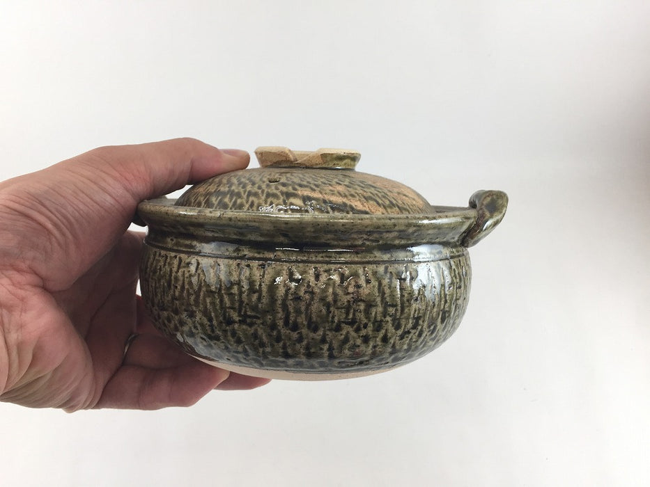 【SALE】19cmリム鉄鉢鍋(650cc)織部流し　伊万里焼(j.R)【訳あり】