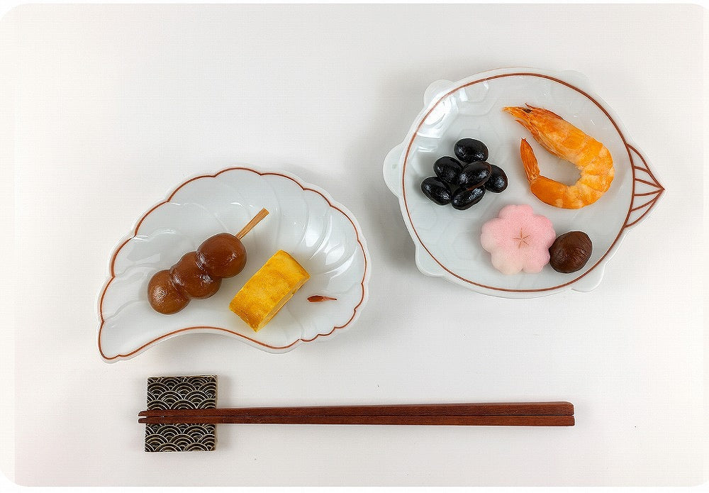 縁起物取皿　赤線(亀/鶴)　15cm　伊万里焼　(j.R)