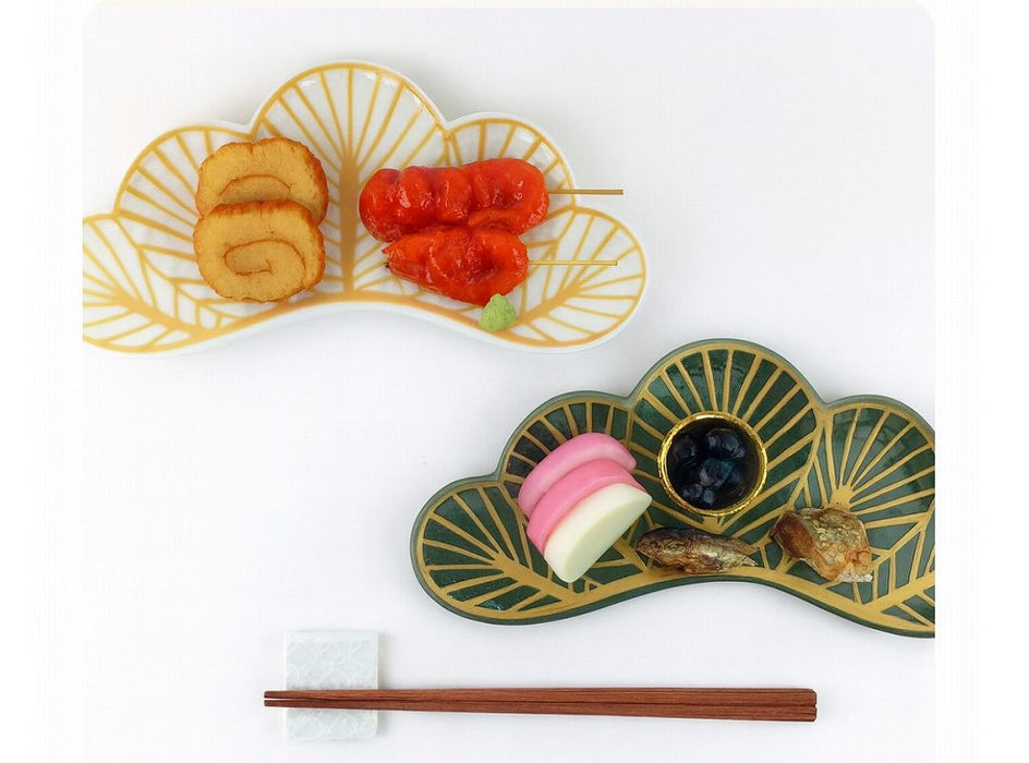 【皿/変形皿】錦金松葉形前菜皿　(白/茶緑)　25cm　有田焼