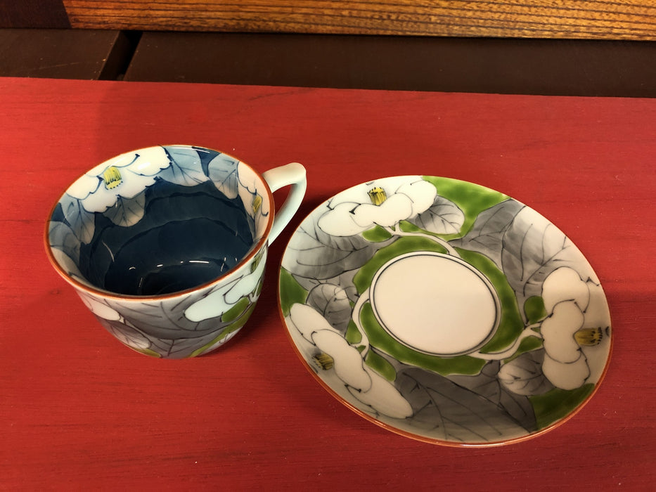 200ccコーヒー碗皿.山茶花(緑)　波佐見焼　
