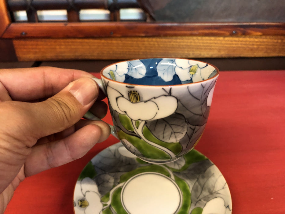 200ccコーヒー碗皿.山茶花(緑)　波佐見焼　