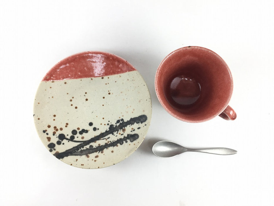 【SALE】【カップ＆ソーサー】コーヒー碗皿 白ザラメ赤オリベ墨流　有田焼【在庫2】