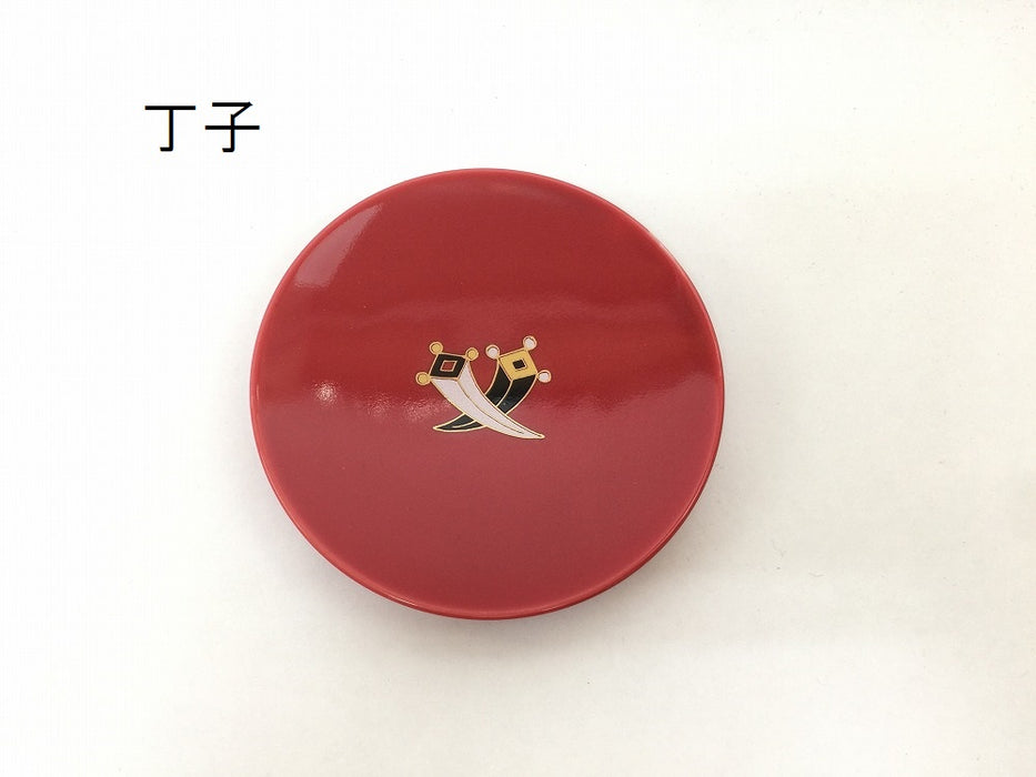 【お正月/お祝い】丸手塩皿　赤釉　(6柄)　9cm　有田焼(j.R)