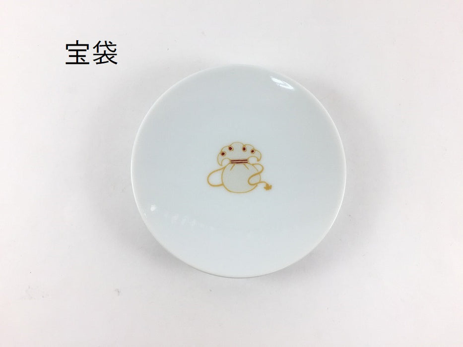 【お正月/お祝い】丸手塩皿　白釉　(6柄)　9cm　有田焼(j.R)